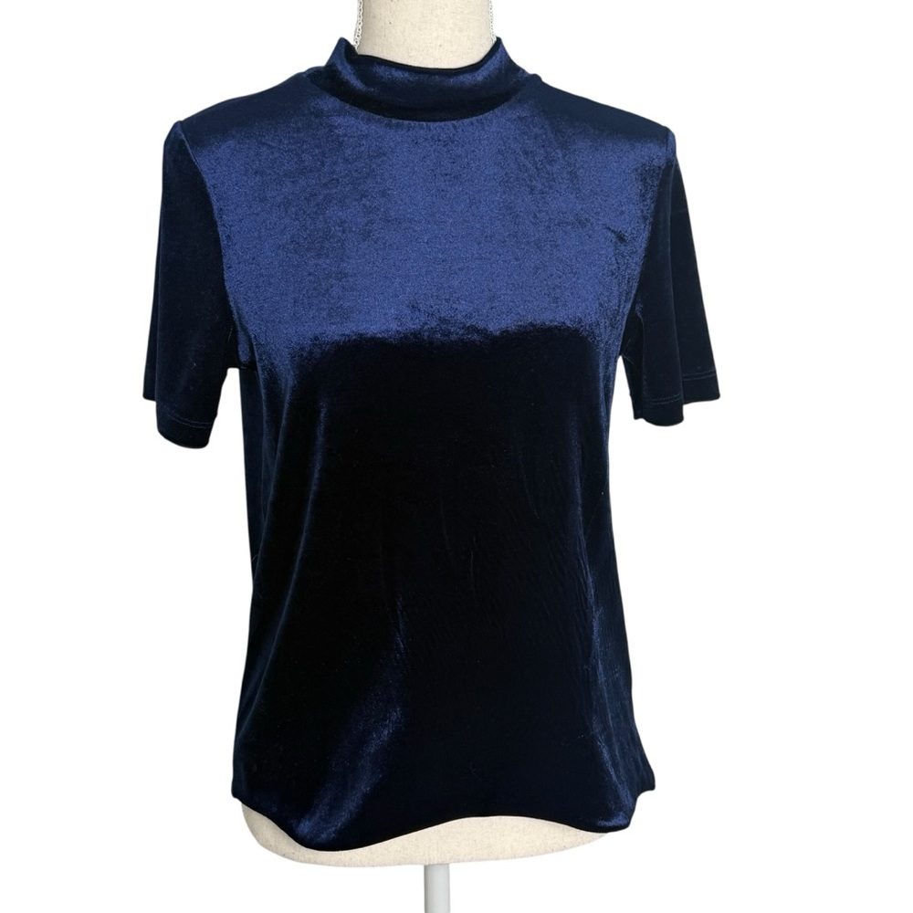 Zara Navy Blue Velvet Short Sleeve Mock Neck Tee